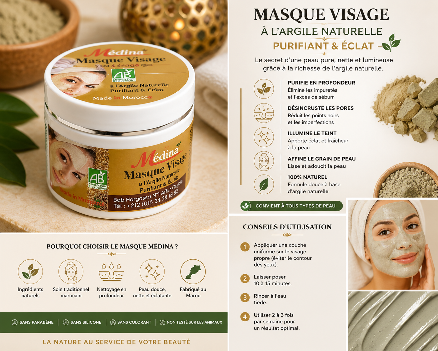 Masque Visage à l’Argile Naturelle – Purifiant, Anti-Imperfections & Éclat Instantané | Médina Bio Maroc