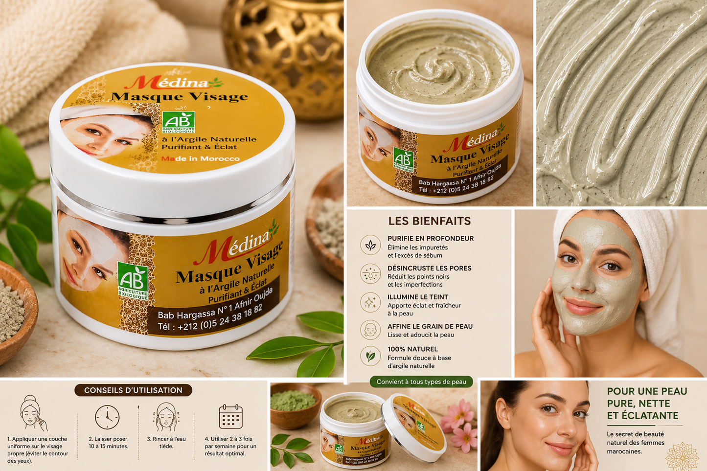 Masque Visage à l’Argile Naturelle – Purifiant, Anti-Imperfections & Éclat Instantané | Médina Bio Maroc