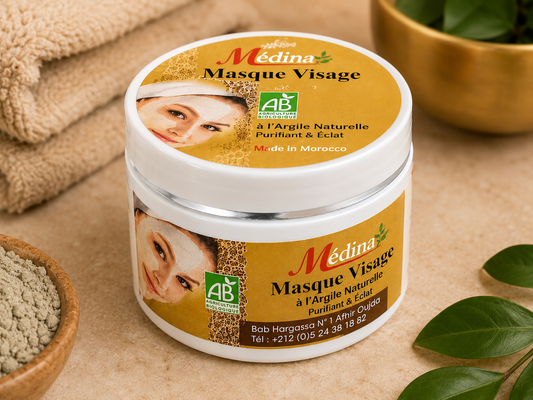 Masque Visage à l’Argile Naturelle – Purifiant, Anti-Imperfections & Éclat Instantané | Médina Bio Maroc