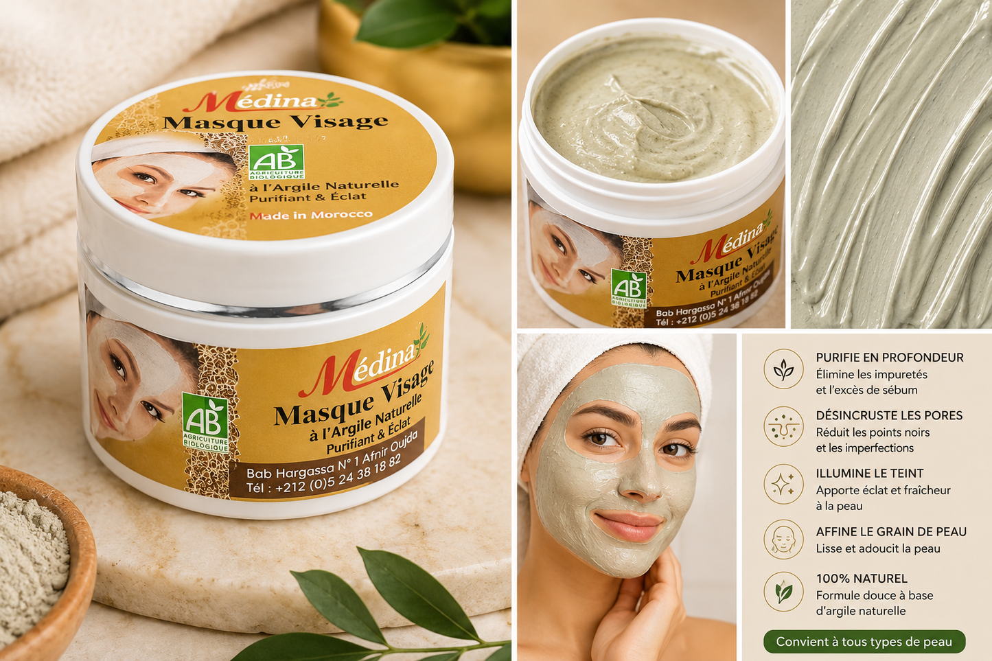 Masque Visage à l’Argile Naturelle – Purifiant, Anti-Imperfections & Éclat Instantané | Médina Bio Maroc