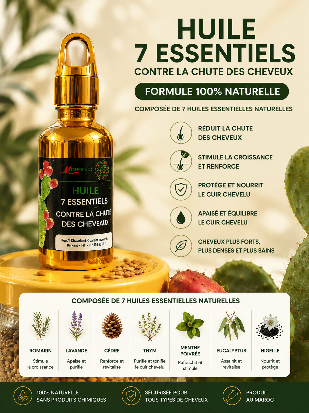 ✨ Huile 7 Essentielles Anti-Chute des Cheveux – Soin Naturel Fortifiant ✨